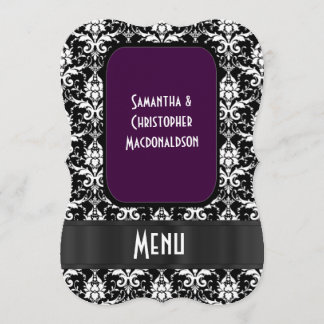 Menu officiel mariage noir, violet blanc damassé