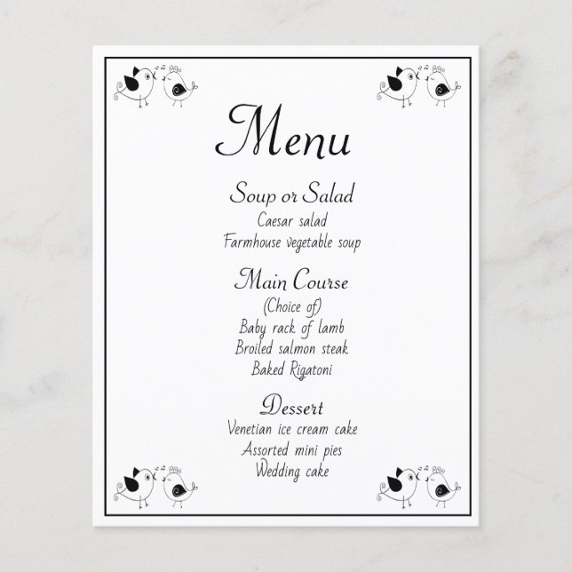 Menu Oiseaux Amoureux Noir Blanc Mariage Fête Oise (Devant)