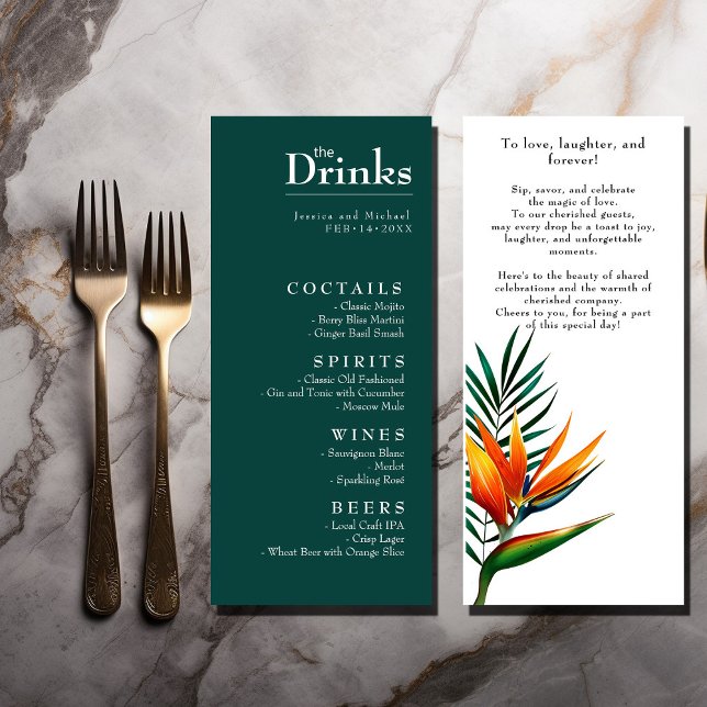 Menu Oiseaux de Paradis Bliss Les Boissons (Birds of Paradise Bliss  double sided Drinks menu. Custom message at the back)