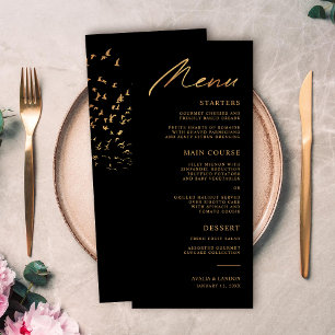 Menu Oiseaux élégants d'un Mariage en plumes noir et or