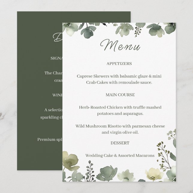 Menu Olive Floral Wedding (Devant / Derrière)