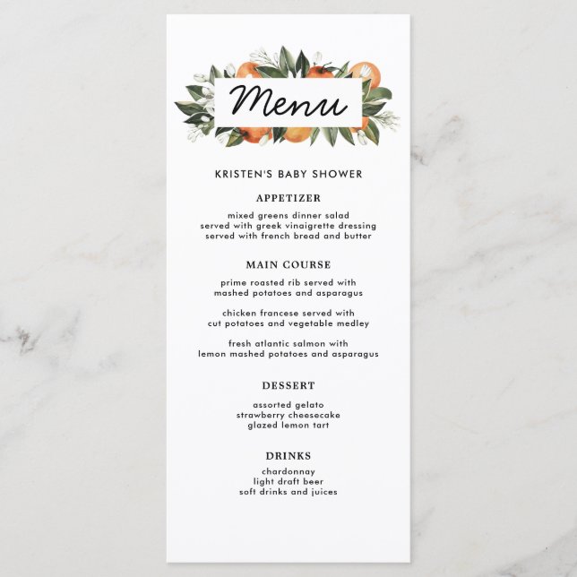 Menu Orange A Little Cutie est sur le Baby shower Way (Devant)