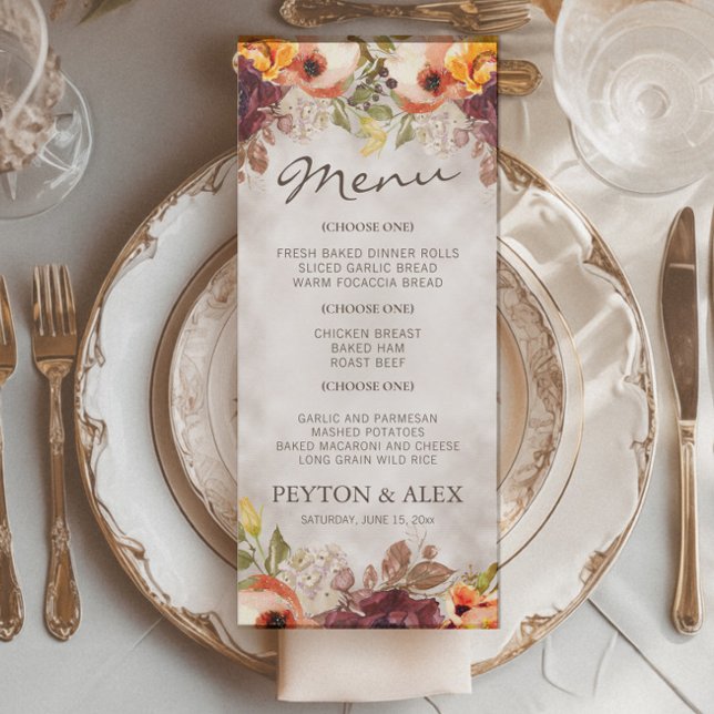Menu Orange Bourgogne Floral Automne Mariage automne (Fall floral wedding menu)