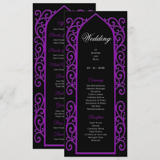 Menu Ornate black and purple Gothic Wedding Program (Devant / Derrière)