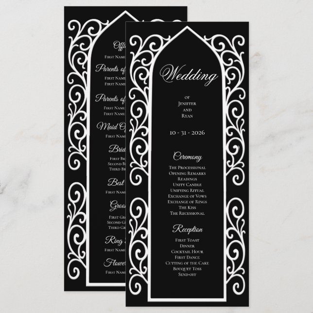 Menu Ornate black and white Gothic Wedding Program (Devant / Derrière)