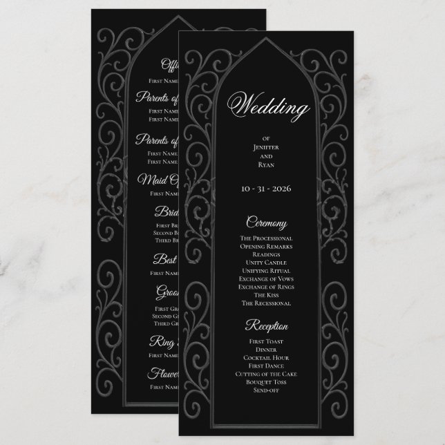 Menu Ornate black and white Gothic Wedding Program (Devant / Derrière)