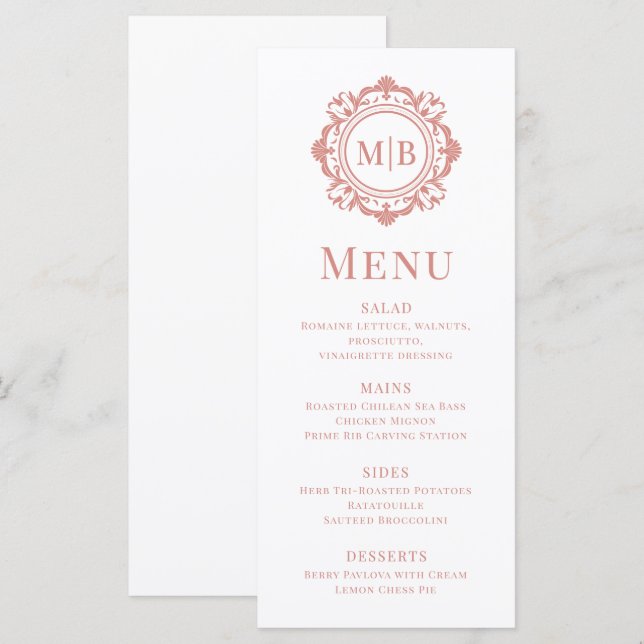 Menu Orné Floral Monogramme Mariage Élégant Rose Or (Devant / Derrière)