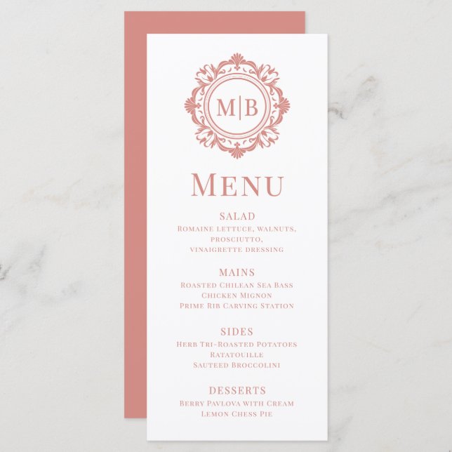 Menu Orné Floral Monogramme Mariage Élégant Rose Or (Devant / Derrière)