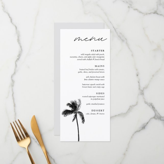 Menu Palm Tree Noir & Blanc Dîner Mariage moderne (Devant/Arrière en situation)