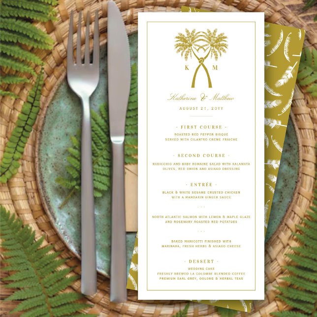 Menu Palmiers noués Destination Tropicale Mariage (Knotted Palm Trees Monogram Tropical Destination Wedding Menu Card @ fatfatin_blue_knot)
