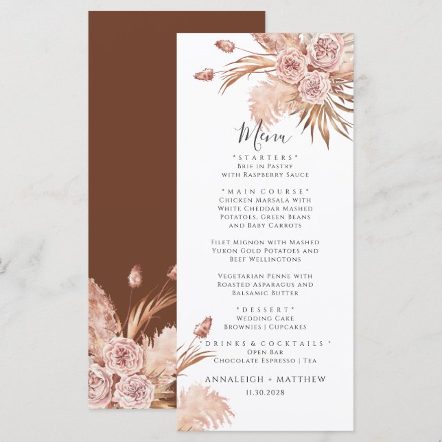 Menu Pampas Grass Terracotta Aquarelle Mariage (Devant / Derrière)
