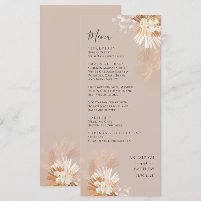 Menu Pampas Grass Terracotta Mariage botanique (Devant / Derrière)