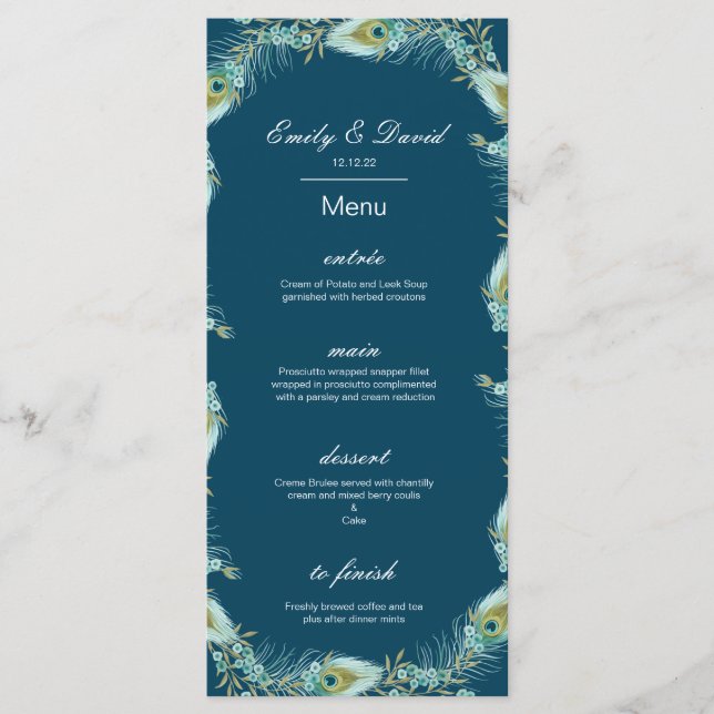 Menu Paon Modifiable, Menu de Mariage, Baby Shower (Devant)