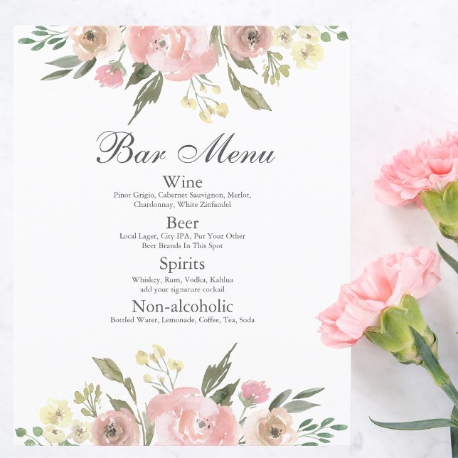 Menu papier à Mariage floral rose-bleu élégant (Créateur téléchargé)