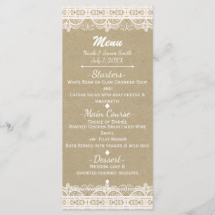 Menu Papier Kraft Brown et dentelle blanche rustique