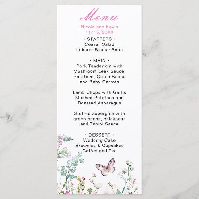 Menu Papillon vert floral de mariage printanier (Devant)