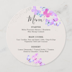 Menu Papillons Ciels Argent rose Confetti Round