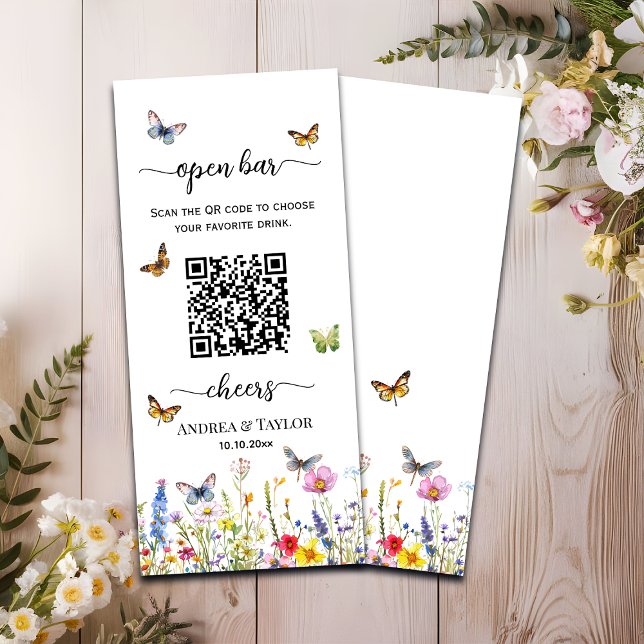 Menu Papillons fleur sauvage QR Code Mariage Open Bar (Créateur téléchargé)