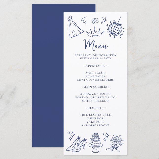 Menu Papillons Quinceanera Floral bleu moderne blanc (Devant / Derrière)