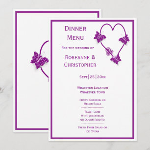 Menu Papillons violets Mariage de conception cardiaque