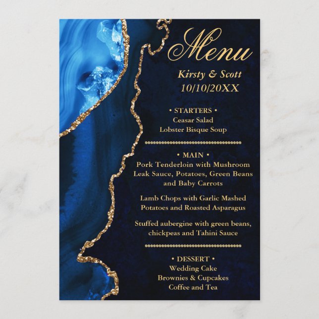 Menu Parties scintillant bleue et or Agate Marbre Maria (Devant)