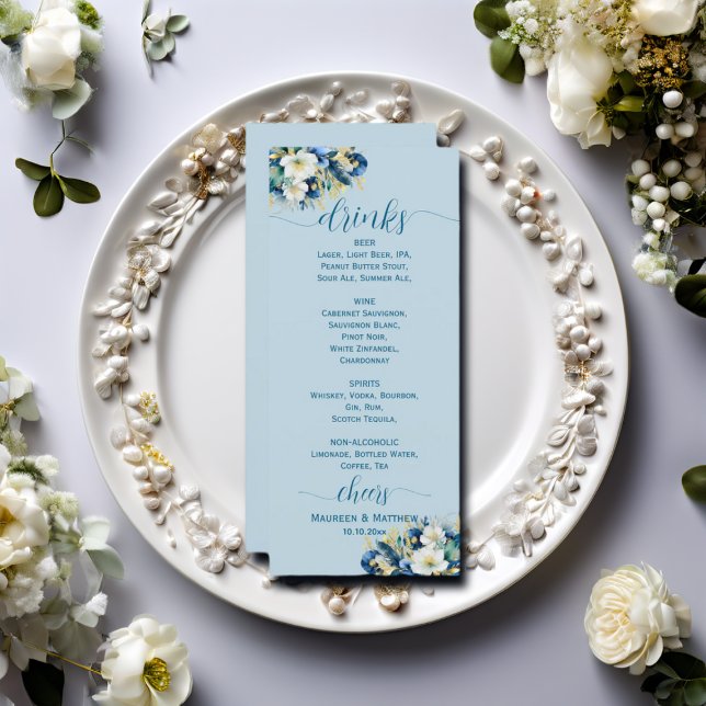 Menu Parties scintillant or bleu Dusty Floral Mariage B (Créateur téléchargé)
