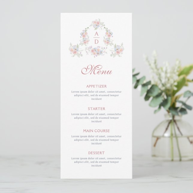 Menu Pastel Peonies Cadre Mariage Monogrammes (Debout devant)