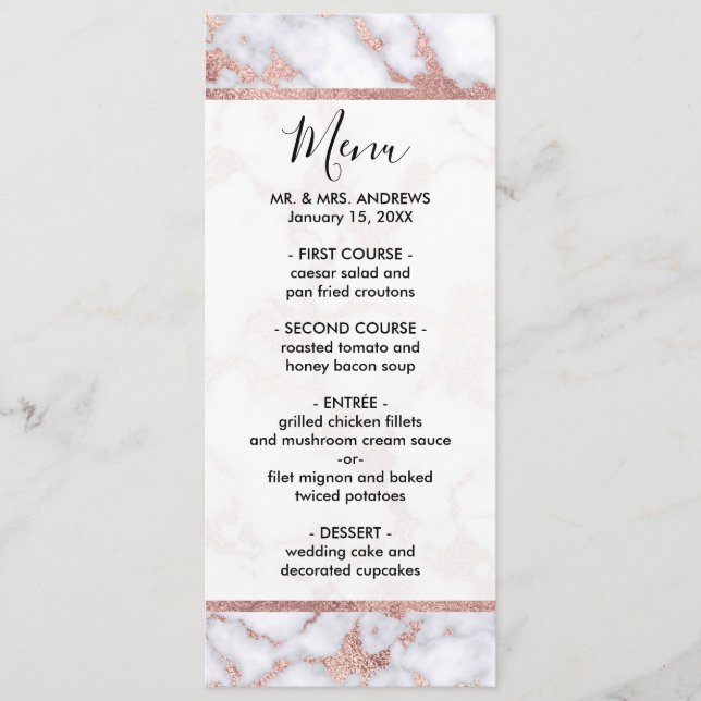 Menu Patterns de Chic Rose Gold White Marble Stone (Devant)