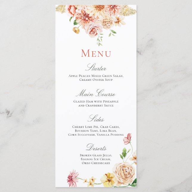 Menu Peach Blush Été Floral Fête des mariées romantique (Devant)