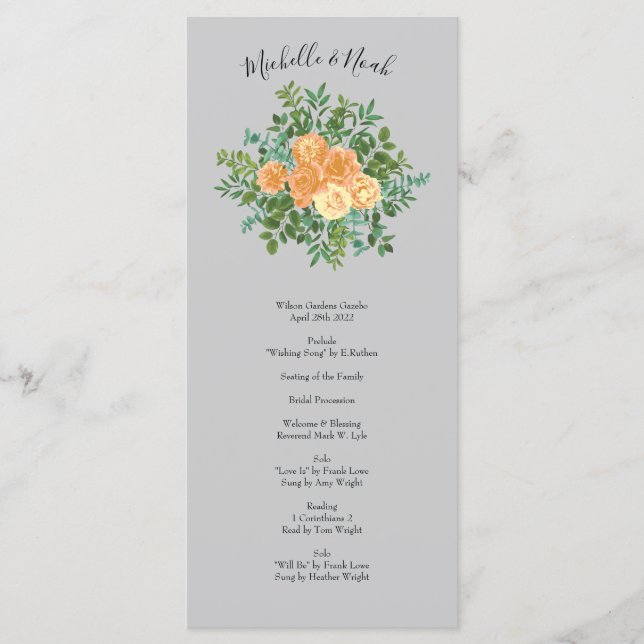 Menu Peach Grey Mariage Spring Floral (Devant)