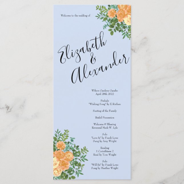 Menu Peach Light Blue Peony Rose Floral Wedding Program (Devant)