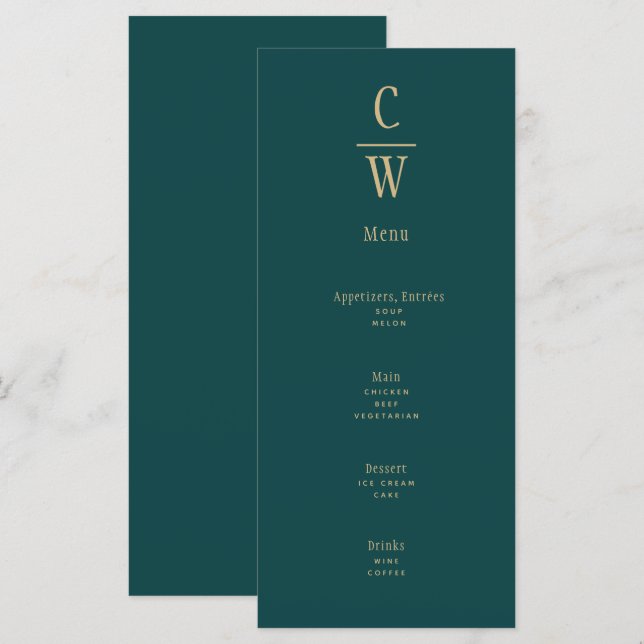 Menu Peacock Turquoise Green Gold Mariage Monogramme Me (Devant / Derrière)