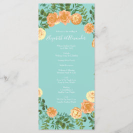 Menu Pêche Aqua Turquoise Mariage Roses Floral