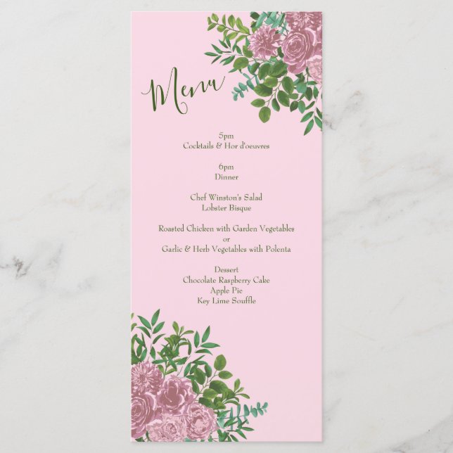 Menu Peine rose pâle et Mariage Rose Floral (Devant)
