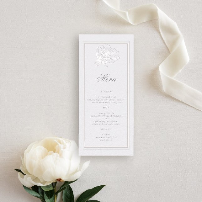 Menu Peony Formal moderne classique ivoire Mariage (peony wedding menu formal modern classic traditional calligraphy double frame faux embossed ivory)