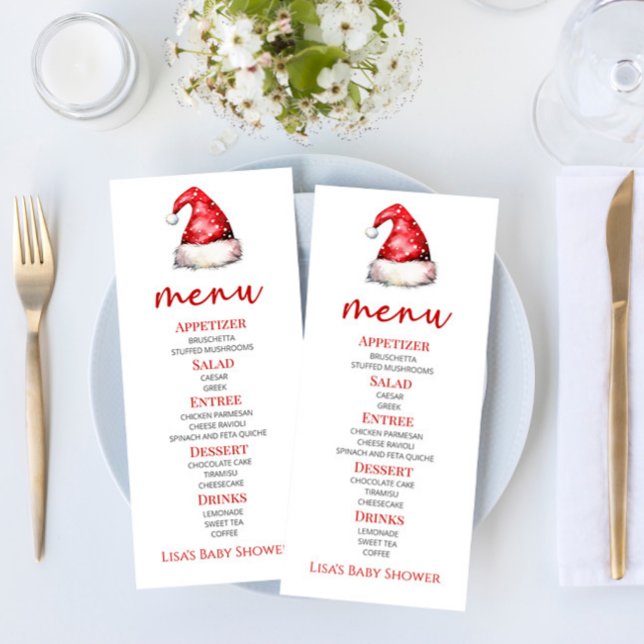 Menu Père Noël Baby Red Snowy Santa Hat Baby shower Nou (Créateur téléchargé)