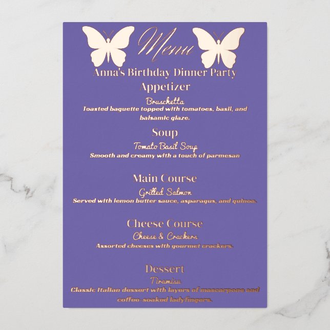 Menu Périwinkle Butterfly Theme Birthday Dinner Me (Recto)