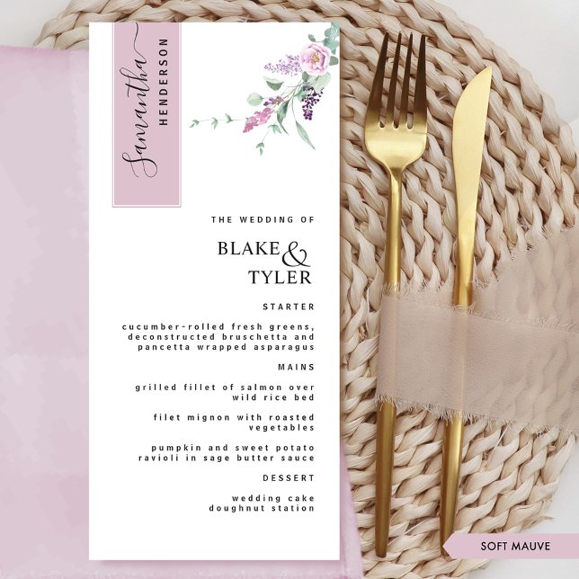 Menu Personnalisé avec nom d'hôte, Mariage floral Mauve (Créateur téléchargé)
