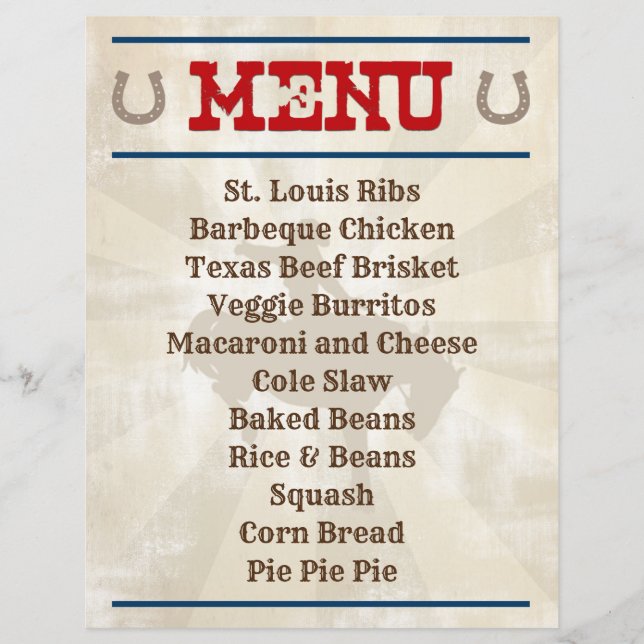 Menu Personnalisé Cowboy Hoedown Party (Devant)