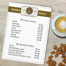 Menu personnalisé de boissons pour café profession