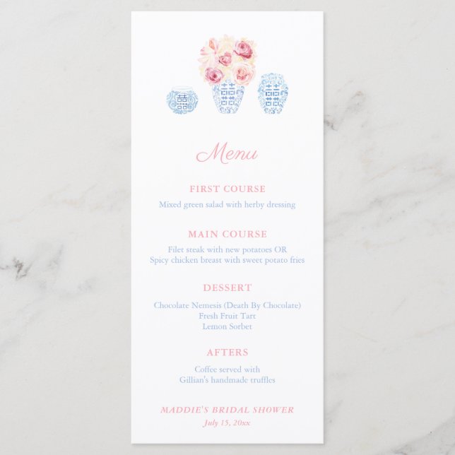 Menu Petit Baby shower Fille Rose Et Bleu Pâle (Devant)