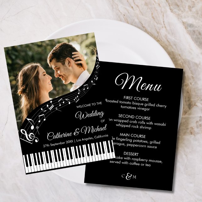 Menu Piano Music Black & White Photo Monogram Mariage (Créateur téléchargé)