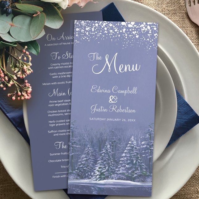 Menu Pins bleus peint blanc neige mariage d'hiver (Créateur téléchargé)