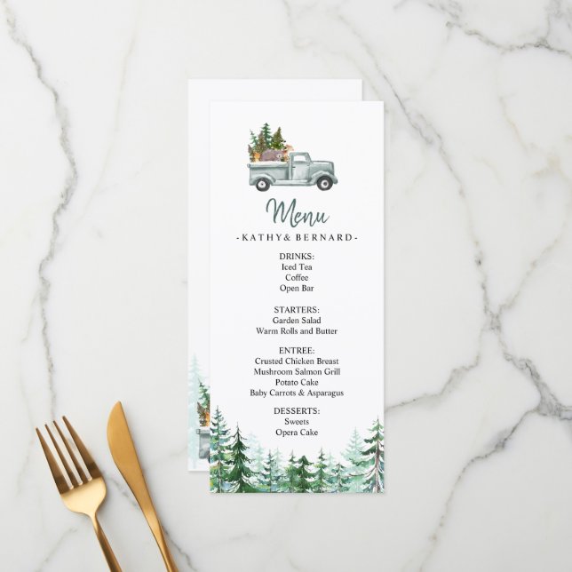 Menu Pins d'hiver Bois Animaux (Devant/Arrière en situation)