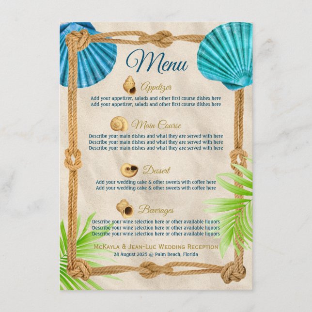 Menu Plage Mariage Réception Dîner Coquillage Coquillag (Devant)