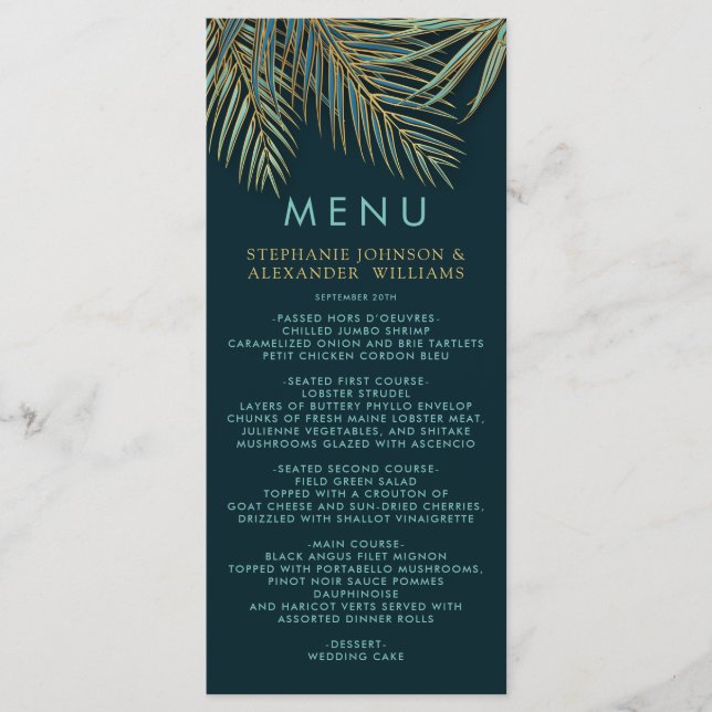 Menu Plage moderne Palm Gold Turquoise Mariage tropical (Devant)