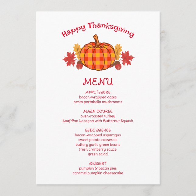 Menu Plaid Citrouille Acorn Twigs Fall Thanksgiving Men (Devant)