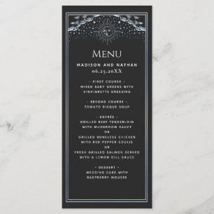 Menu plat de mariage Tarot Soleil et Lune argenté