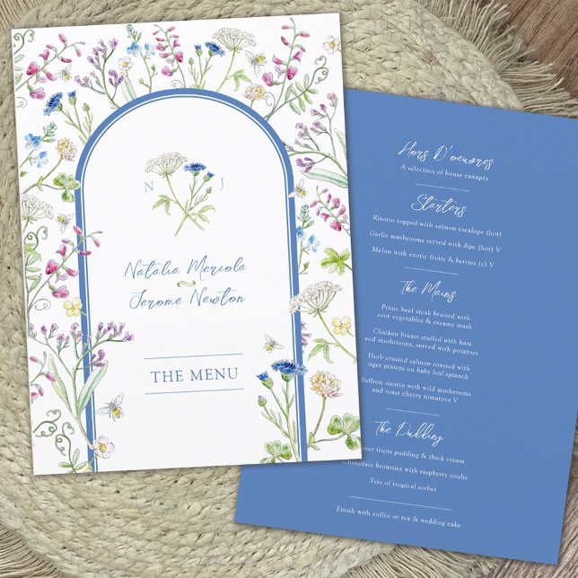 Menu plat mariage aquarelle fleurs sauvages bleu (Créateur téléchargé)