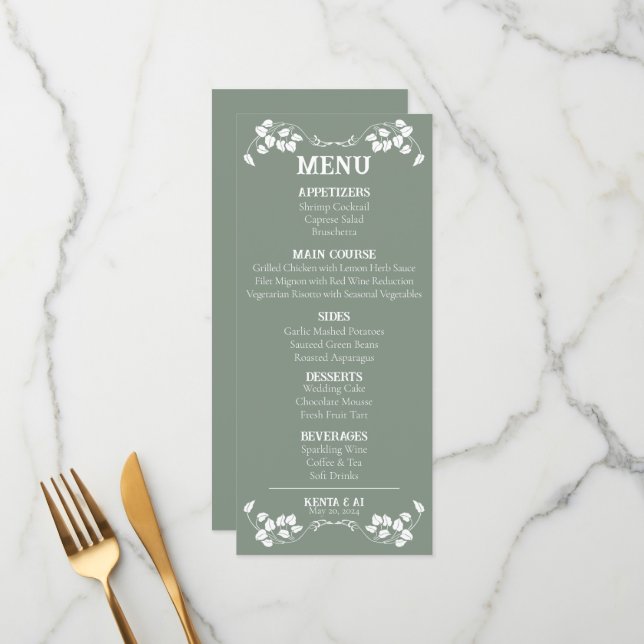 Menu plat Mariage Art nouveau (Devant/Arrière en situation)